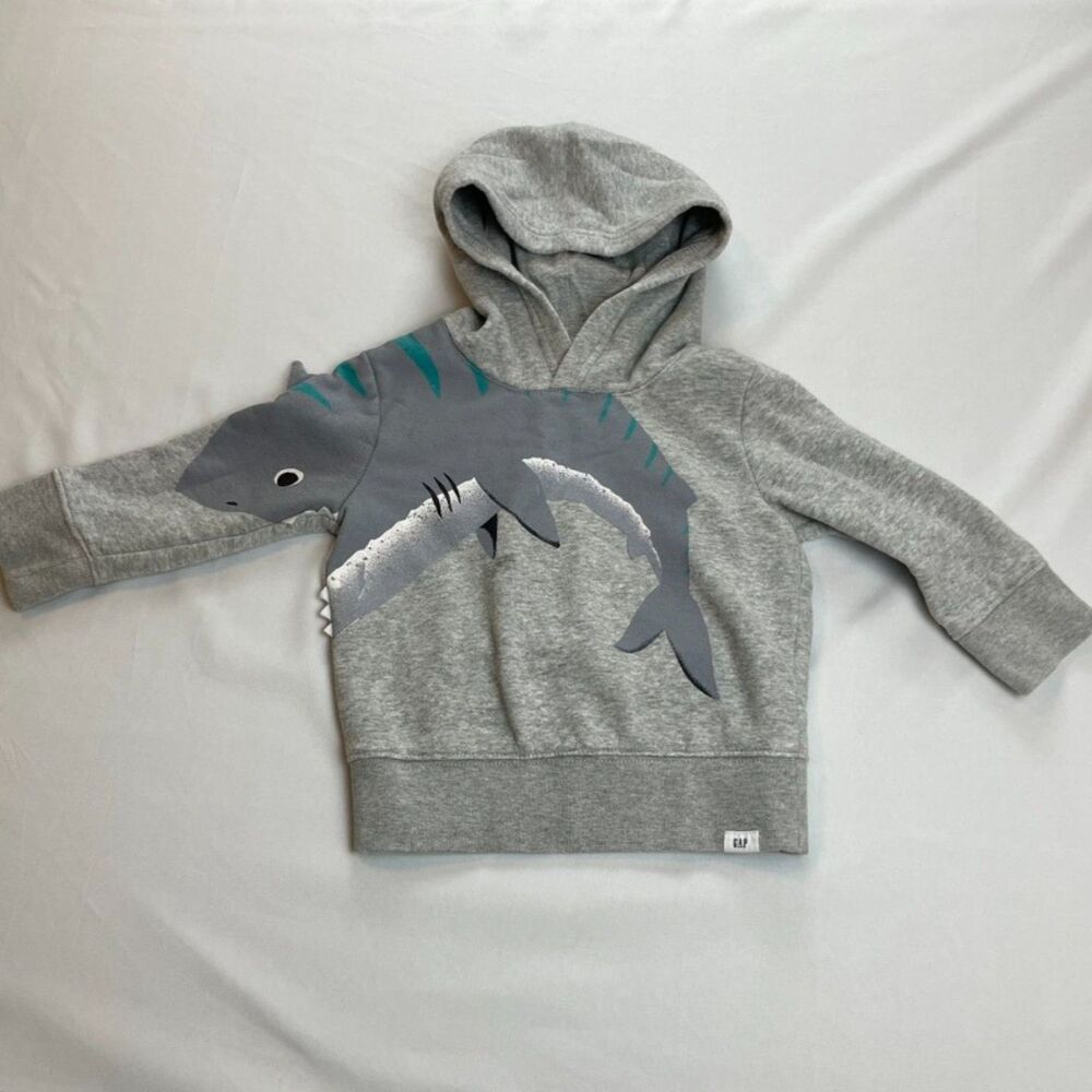 Gap Kids Shark Graphic Pullover Hoodie Gray 3D 18-24 Months